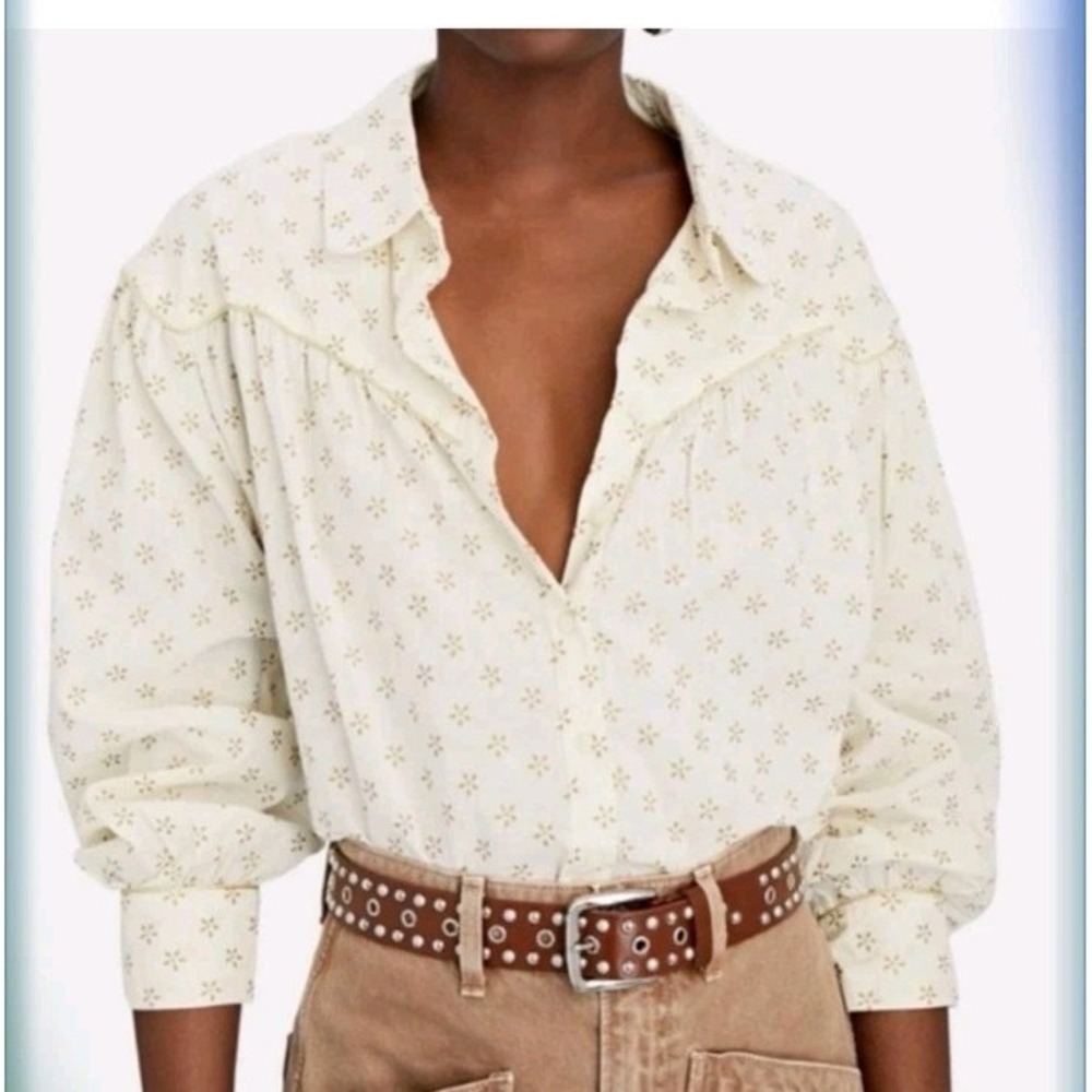 The Great Blouse Women's Westerner Long Balloon Sleeve Cotton Foil Print Top XS - Picture 5 of 10